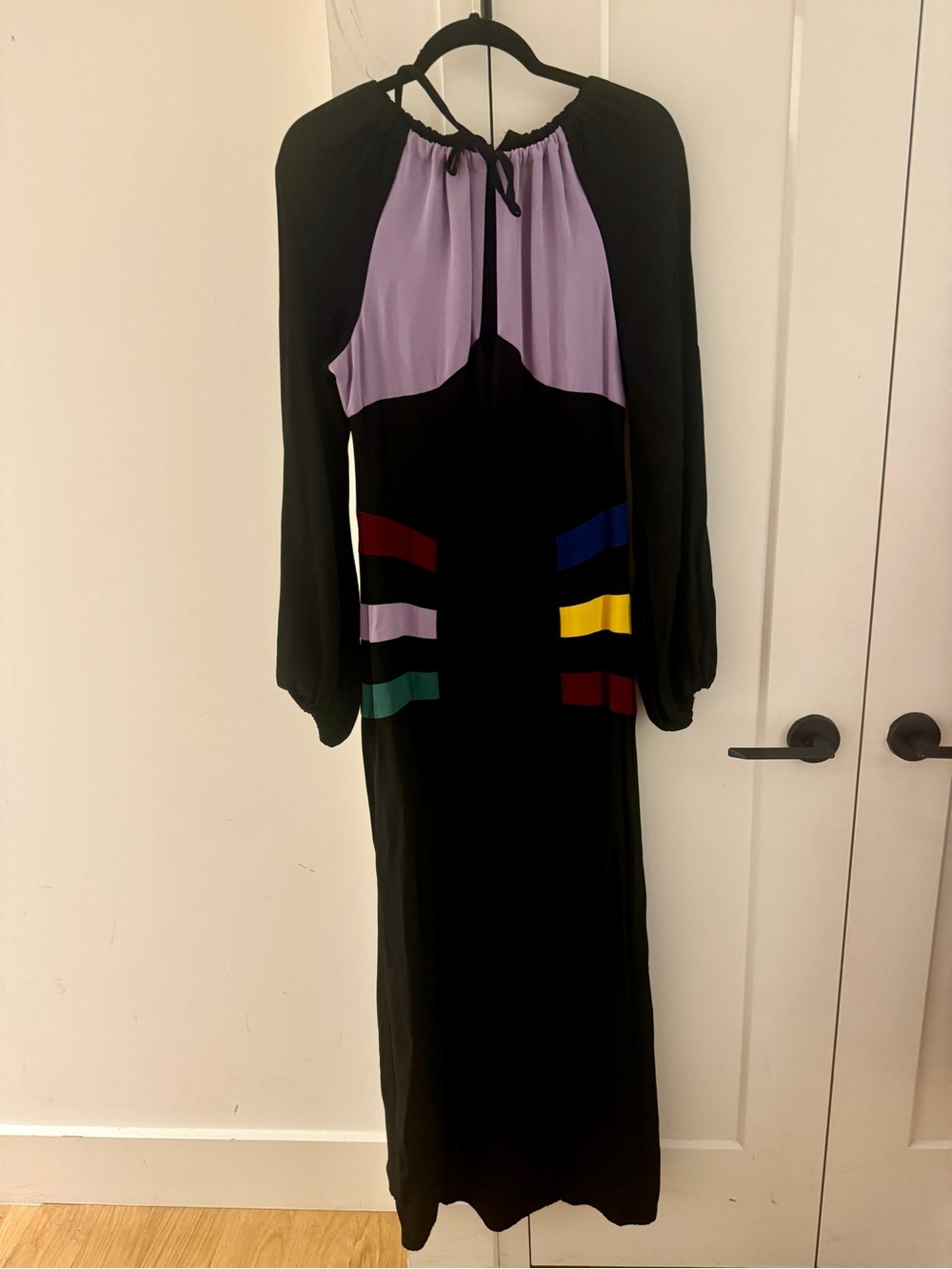 STAUD Black Maxi Dress with Lavender Yoke and Multicolor Bands